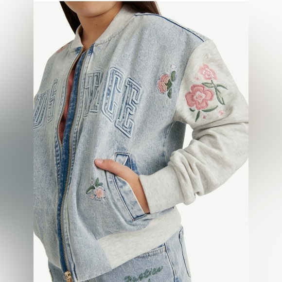 Justice Blue and Gray Bomber Jacket with Floral Design, Embroidery 0079 - Picture 4 of 11